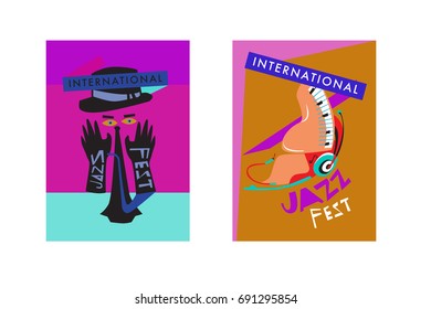 Colorful international jazz festival. Musicians, singers and musical instruments poster set flat vector illustration. Poster template for jazz and music events.