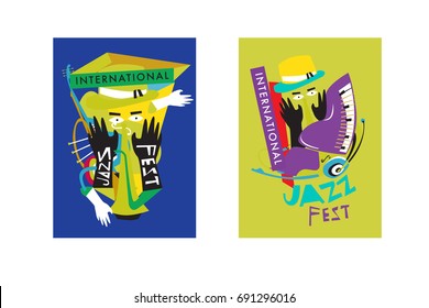 Colorful international jazz festival. Musicians, singers and musical instruments poster set flat vector illustration. Poster template for jazz and music events.