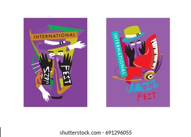 Colorful international jazz festival. Musicians, singers and musical instruments poster set flat vector illustration. Poster template for jazz and music events.