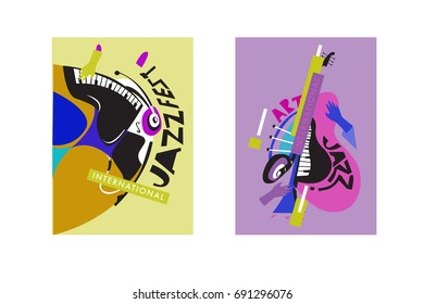 Colorful international jazz festival. Musicians, singers and musical instruments poster set flat vector illustration. Poster template for jazz and music events.