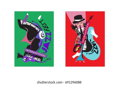 Colorful international jazz festival. Musicians, singers and musical instruments poster set flat vector illustration. Poster template for jazz and music events.