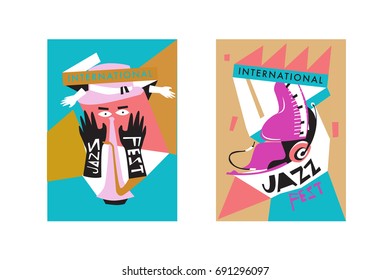 Colorful international jazz festival. Musicians, singers and musical instruments poster set flat vector illustration. Poster template for jazz and music events.