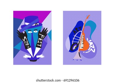 Colorful international jazz festival. Musicians, singers and musical instruments poster set flat vector illustration. Poster template for jazz and music events.