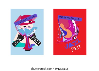Colorful international jazz festival. Musicians, singers and musical instruments poster set flat vector illustration. Poster template for jazz and music events.