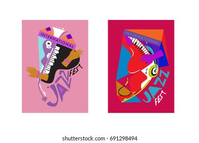 Colorful international jazz festival. Musicians, singers and musical instruments poster set flat vector illustration. Poster template for jazz and music events.
