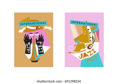 Colorful international jazz festival. Musicians, singers and musical instruments poster set flat vector illustration. Poster template for jazz and music events.
