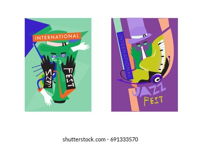 Colorful international jazz festival. Musicians, singers and musical instruments poster set flat vector illustration. Poster template for jazz and music events.
