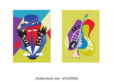 Colorful international jazz festival. Musicians, singers and musical instruments poster set flat vector illustration. Poster template for jazz and music events.

