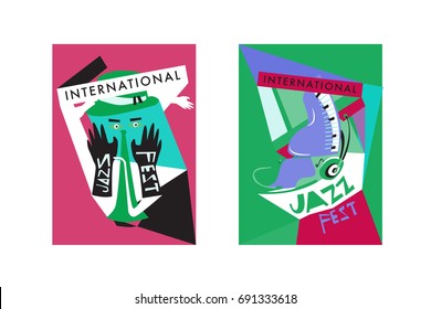 Colorful international jazz festival. Musicians, singers and musical instruments poster set flat vector illustration. Poster template for jazz and music events.
