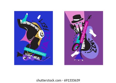 Colorful international jazz festival. Musicians, singers and musical instruments poster set flat vector illustration. Poster template for jazz and music events.
