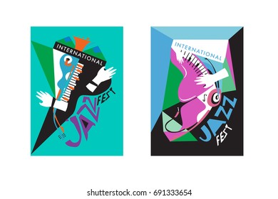 Colorful international jazz festival. Musicians, singers and musical instruments poster set flat vector illustration. Poster template for jazz and music events.

