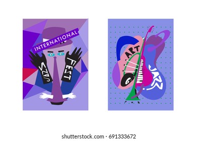 Colorful international jazz festival. Musicians, singers and musical instruments poster set flat vector illustration. Poster template for jazz and music events.
