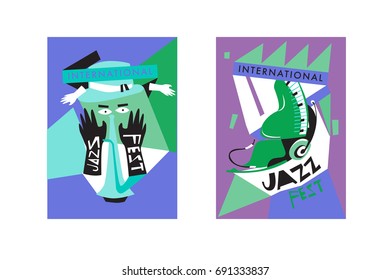 Colorful international jazz festival. Musicians, singers and musical instruments poster set flat vector illustration. Poster template for jazz and music events.
