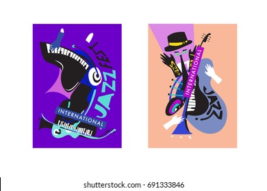 Colorful international jazz festival. Musicians, singers and musical instruments poster set flat vector illustration. Poster template for jazz and music events.
