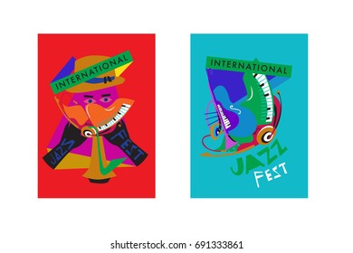 Colorful international jazz festival. Musicians, singers and musical instruments poster set flat vector illustration. Poster template for jazz and music events.
