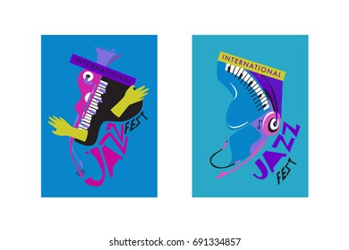 Colorful international jazz festival. Musicians, singers and musical instruments poster set flat vector illustration. Poster template for jazz and music events.