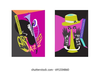 Colorful international jazz festival. Musicians, singers and musical instruments poster set flat vector illustration. Poster template for jazz and music events.