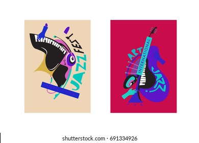Colorful international jazz festival. Musicians, singers and musical instruments poster set flat vector illustration. Poster template for jazz and music events.