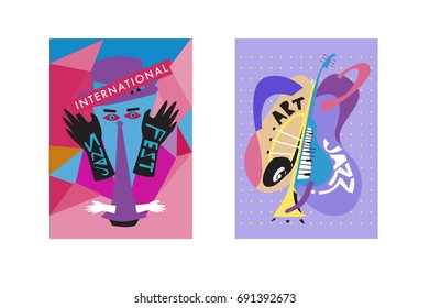 Colorful international jazz festival. Musicians, singers and musical instruments poster set flat vector illustration. Poster template for jazz and music events.