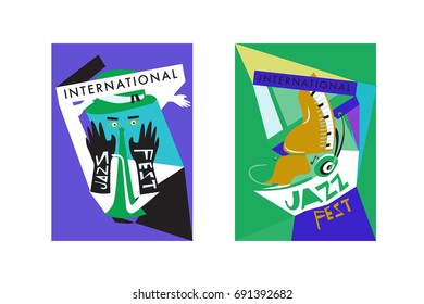 Colorful international jazz festival. Musicians, singers and musical instruments poster set flat vector illustration. Poster template for jazz and music events.