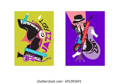 Colorful international jazz festival. Musicians, singers and musical instruments poster set flat vector illustration. Poster template for jazz and music events.