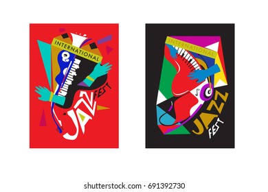 Colorful international jazz festival. Musicians, singers and musical instruments poster set flat vector illustration. Poster template for jazz and music events.