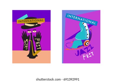 Colorful international jazz festival. Musicians, singers and musical instruments poster set flat vector illustration. Poster template for jazz and music events.
