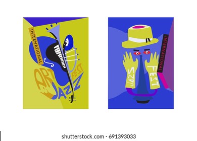 Colorful international jazz festival. Musicians, singers and musical instruments poster set flat vector illustration. Poster template for jazz and music events.