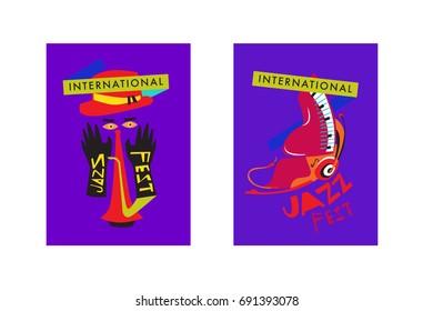 Colorful international jazz festival. Musicians, singers and musical instruments poster set flat vector illustration. Poster template for jazz and music events.