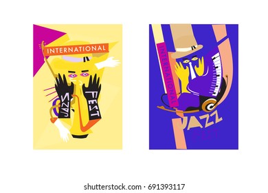 Colorful international jazz festival. Musicians, singers and musical instruments poster set flat vector illustration. Poster template for jazz and music events.