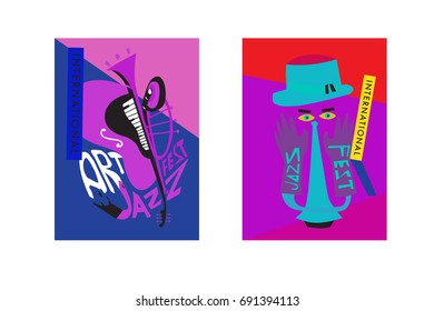 Colorful international jazz festival. Musicians, singers and musical instruments poster set flat vector illustration. Poster template for jazz and music events.
