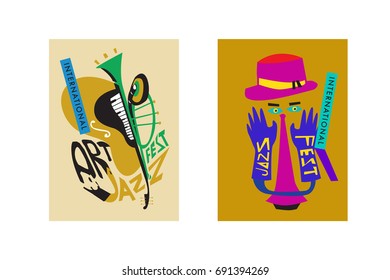 Colorful international jazz festival. Musicians, singers and musical instruments poster set flat vector illustration. Poster template for jazz and music events.