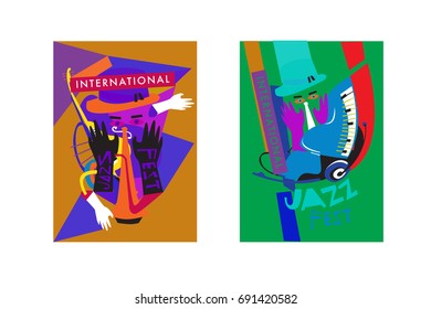 Colorful international jazz festival. Musicians, singers and musical instruments poster set flat vector illustration. Poster template for jazz and music events.