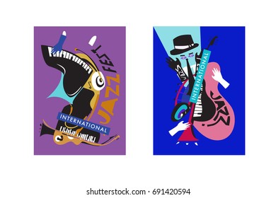 Colorful international jazz festival. Musicians, singers and musical instruments poster set flat vector illustration. Poster template for jazz and music events.