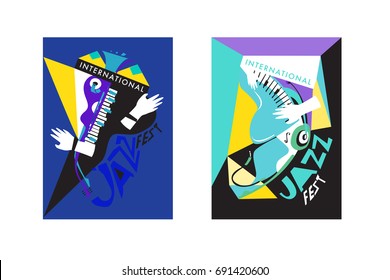 Colorful international jazz festival. Musicians, singers and musical instruments poster set flat vector illustration. Poster template for jazz and music events.