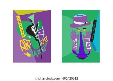 Colorful international jazz festival. Musicians, singers and musical instruments poster set flat vector illustration. Poster template for jazz and music events.