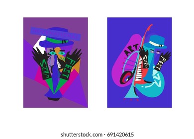 Colorful international jazz festival. Musicians, singers and musical instruments poster set flat vector illustration. Poster template for jazz and music events.