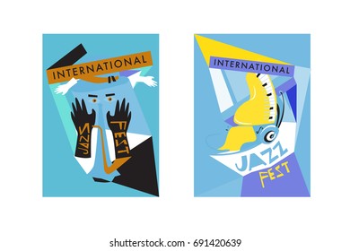 Colorful international jazz festival. Musicians, singers and musical instruments poster set flat vector illustration. Poster template for jazz and music events.