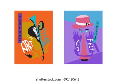 Colorful international jazz festival. Musicians, singers and musical instruments poster set flat vector illustration. Poster template for jazz and music events.