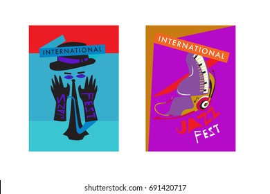 Colorful international jazz festival. Musicians, singers and musical instruments poster set flat vector illustration. Poster template for jazz and music events.