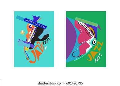 Colorful international jazz festival. Musicians, singers and musical instruments poster set flat vector illustration. Poster template for jazz and music events.