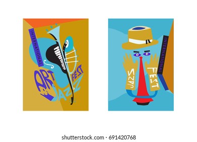 Colorful international jazz festival. Musicians, singers and musical instruments poster set flat vector illustration. Poster template for jazz and music events.