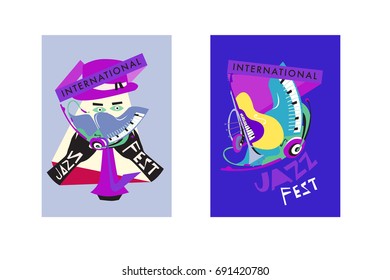 Colorful international jazz festival. Musicians, singers and musical instruments poster set flat vector illustration. Poster template for jazz and music events.