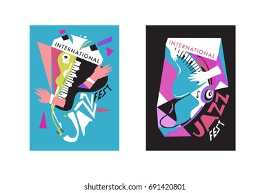 Colorful international jazz festival. Musicians, singers and musical instruments poster set flat vector illustration. Poster template for jazz and music events.