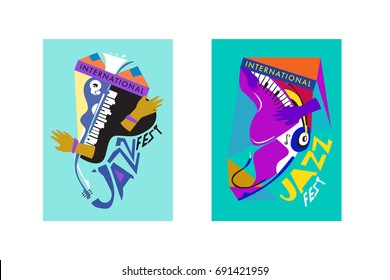 Colorful international jazz festival. Musicians, singers and musical instruments poster set flat vector illustration. Poster template for jazz and music events.
