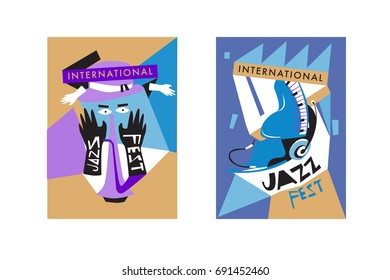 Colorful international jazz festival. Musicians, singers and musical instruments poster set flat vector illustration. Poster template for jazz and music events.