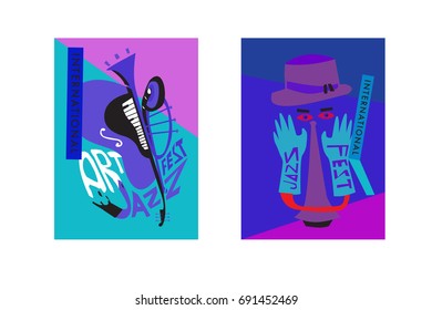 Colorful international jazz festival. Musicians, singers and musical instruments poster set flat vector illustration. Poster template for jazz and music events.