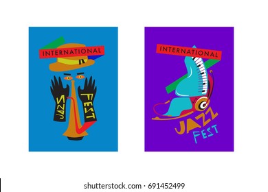 Colorful international jazz festival. Musicians, singers and musical instruments poster set flat vector illustration. Poster template for jazz and music events.