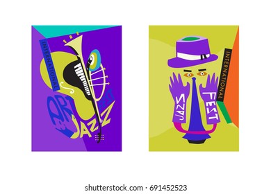 Colorful international jazz festival. Musicians, singers and musical instruments poster set flat vector illustration. Poster template for jazz and music events.