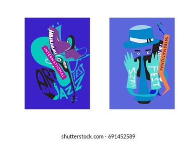 Colorful international jazz festival. Musicians, singers and musical instruments poster set flat vector illustration. Poster template for jazz and music events.